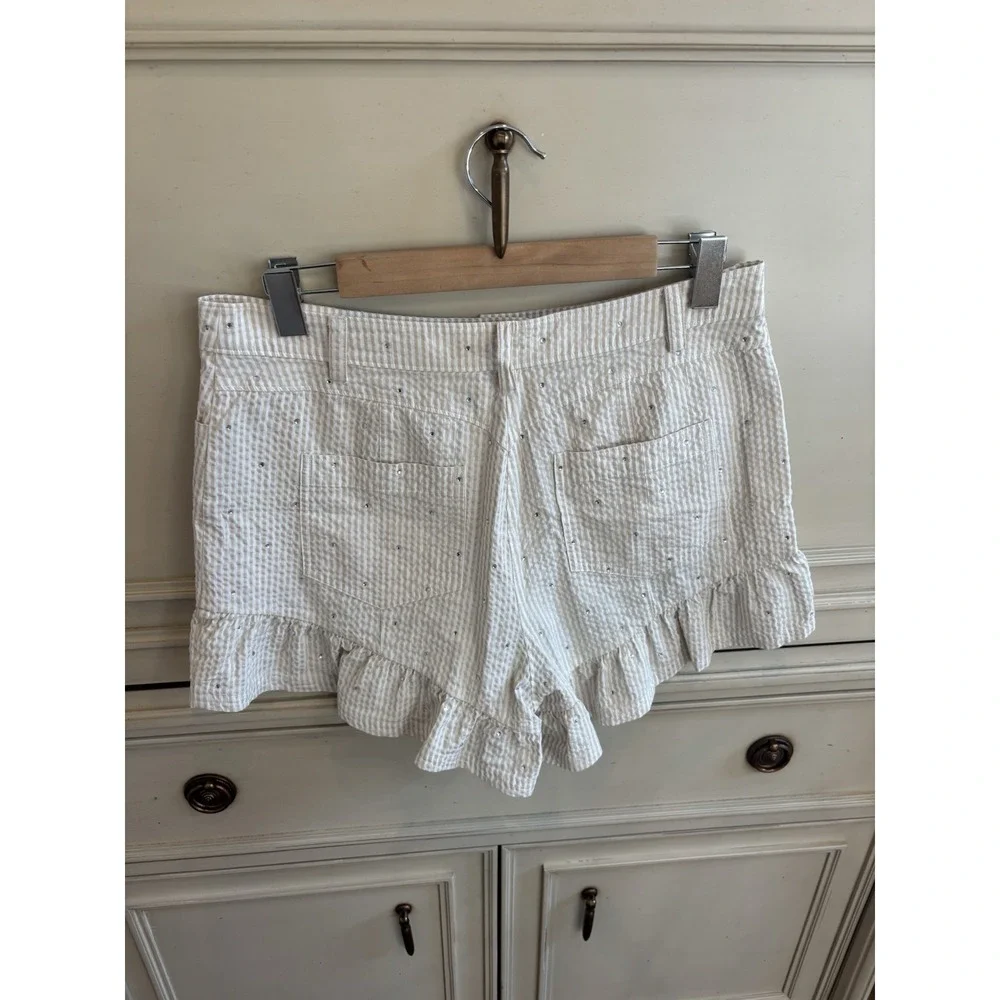 Cinq A‎ Sept Neema Rhinestone Seersucker Shorts Cream Ruffle Chic 10 Striped